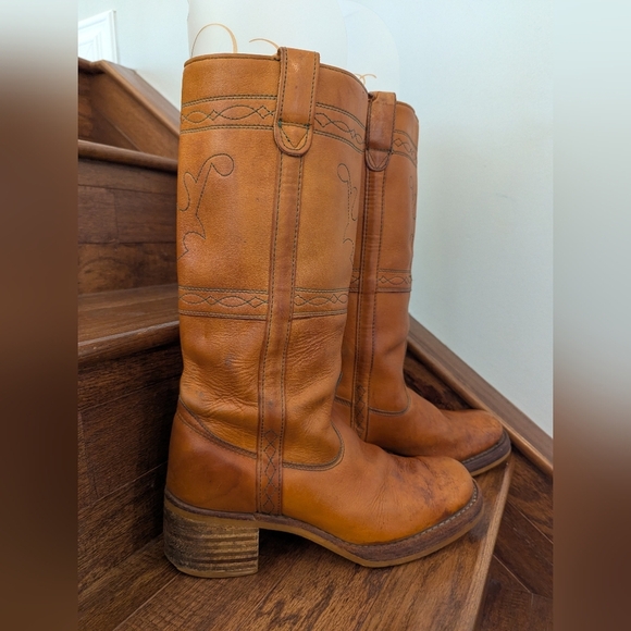 Vintage 70s Longhorn Stitched Campus Frye style Amber leather Western Boots 10 D - Picture 6 of 16
